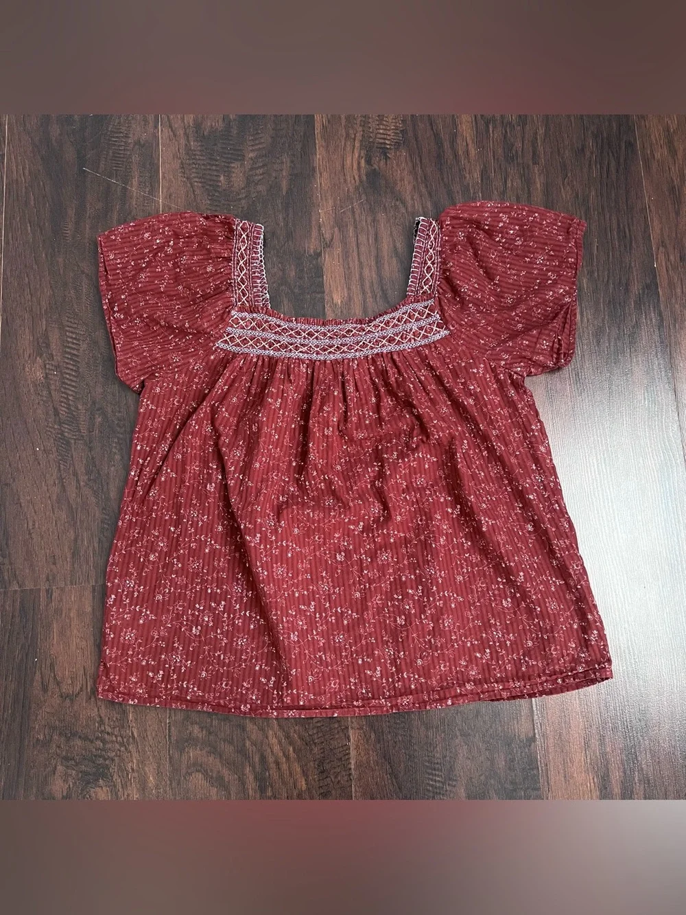 Madewell Square Neck Smocked Top XS Rusted Burgundy Floral Puff Sleeve Cotton
